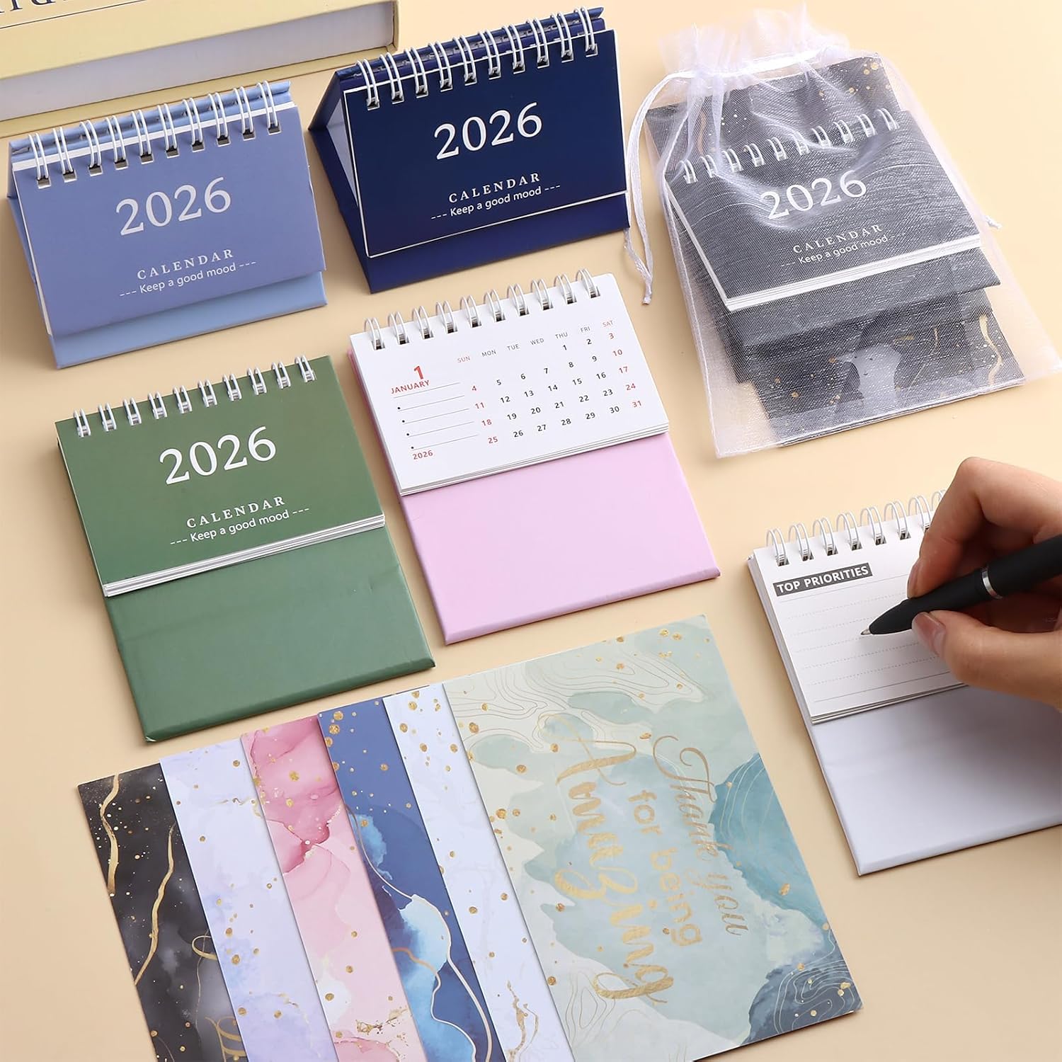6 Set 2026 Mini Desk Calendar with Cards Gift Bags Sep 2025 to Dec 2026 16 Monthly Standing Flip Small Desktop Calendar Portable for Home Office Study Plans New Years Gifts - Image 5