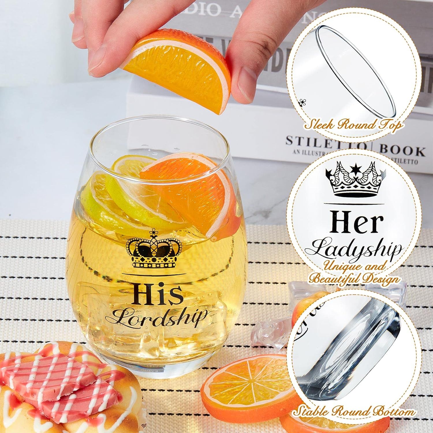 Patelai Valentine Couples Gifts His Lordship and Her Ladyship Gin Glass Gift Set to Bride and Groom Cocktail Short Glasses Stemless Wine Glass to Couple Wedding Anniversary Date Party, 16 oz - Image 3