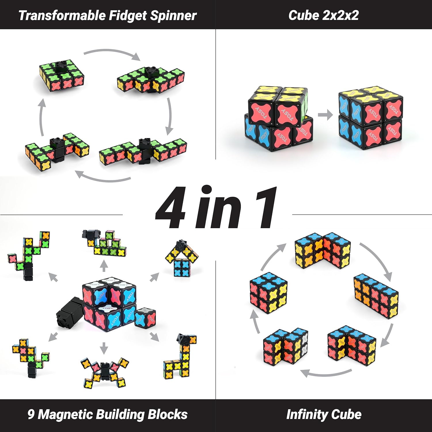 TOSY Magnet Fidget Spinner Mini - 8 blocks, 3 in 1 Toy: Transformable Fidget Spinner, Infinity Cube, 2x2 Puzzle Cube, Christmas Stocking Stuffers Gift for Kids/Adults, STEM Sensory Stress Relief Toy - Image 4