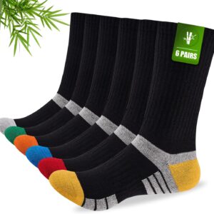 Mens Bamboo Socks, Wicking Breathable Cushioned Sports Socks for Hiking Walking Athletics Working Running Trekking Cycling, Men Women, Outdoor Anti Blister Crew Seamless Sock Gifts 6 Pairs