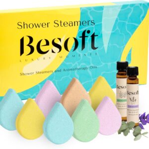 Besoft Shower Steamers Aromatherapy Set – 8 Shower Bombs with 2 Lavender and Eucalyptus Essential Oils | Gifts for her and Relaxation Gift for Woman | Gift Set