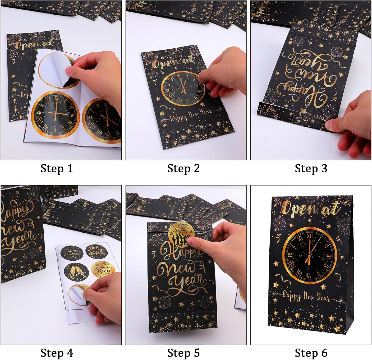 DPKOW Happy New Year Gift Bags for New Year's Eve Party Supplies 2026, 12pcs NYE Party Favor Treats Bags for New Years Eve Decorations 2026 Paper Clock Countdown Bags with Label Stickers - Image 4