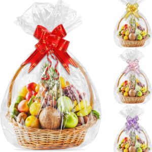 12PCS 52 x 70 CM Large Cellophane Wrap Bags for Hampers With 12PCS Pull Bows, Clear Cellophane Bags for Gift Baskets Making Chrismas Easter Presents Packaging