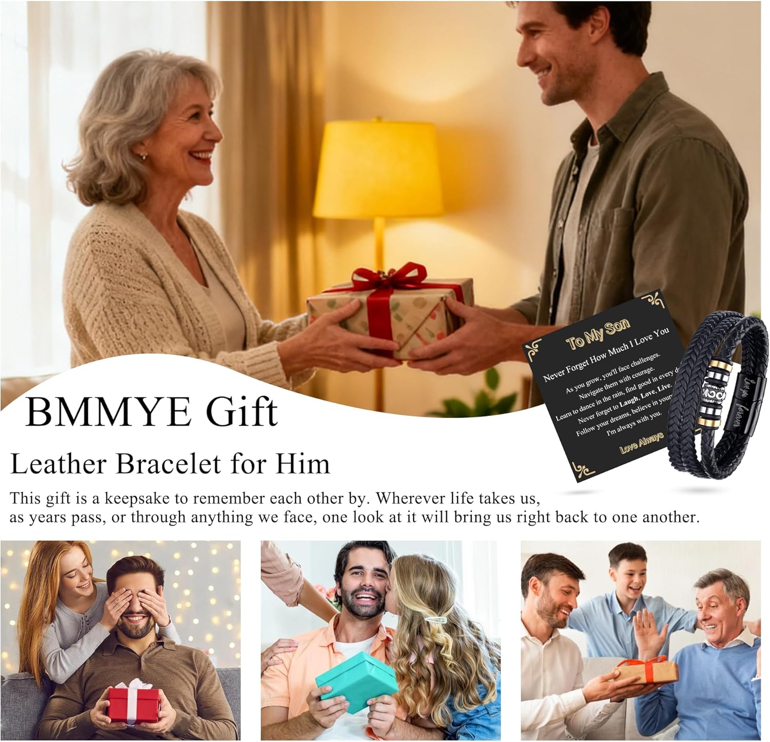 BMMYE Gift for Son Husband Dad Brother Leather Bracelets Personalised Men's Bracelets Gifts With Clasp Cool Bracelet Gift for Men Valentines Day Father's Day Christmas Presents - Image 2