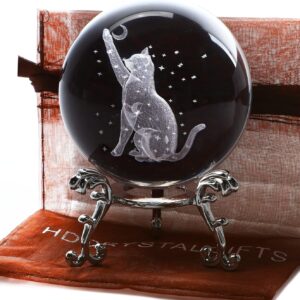 ZEERSHEE 60mm 3D Crystal Ball Figurine – Glass Laser Engraved Moon Star Crystal Ball with Stand – Paperweights & Cat Gifts for Lovers