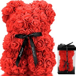 25cm Rose Bear with Transparent Gift Box & Black Ribbon, Rose Petals Teddy Bear Presents for Women, Artificial Flowers Rose Bear Valentines Gifts for Her, for Girlfriend (Red)
