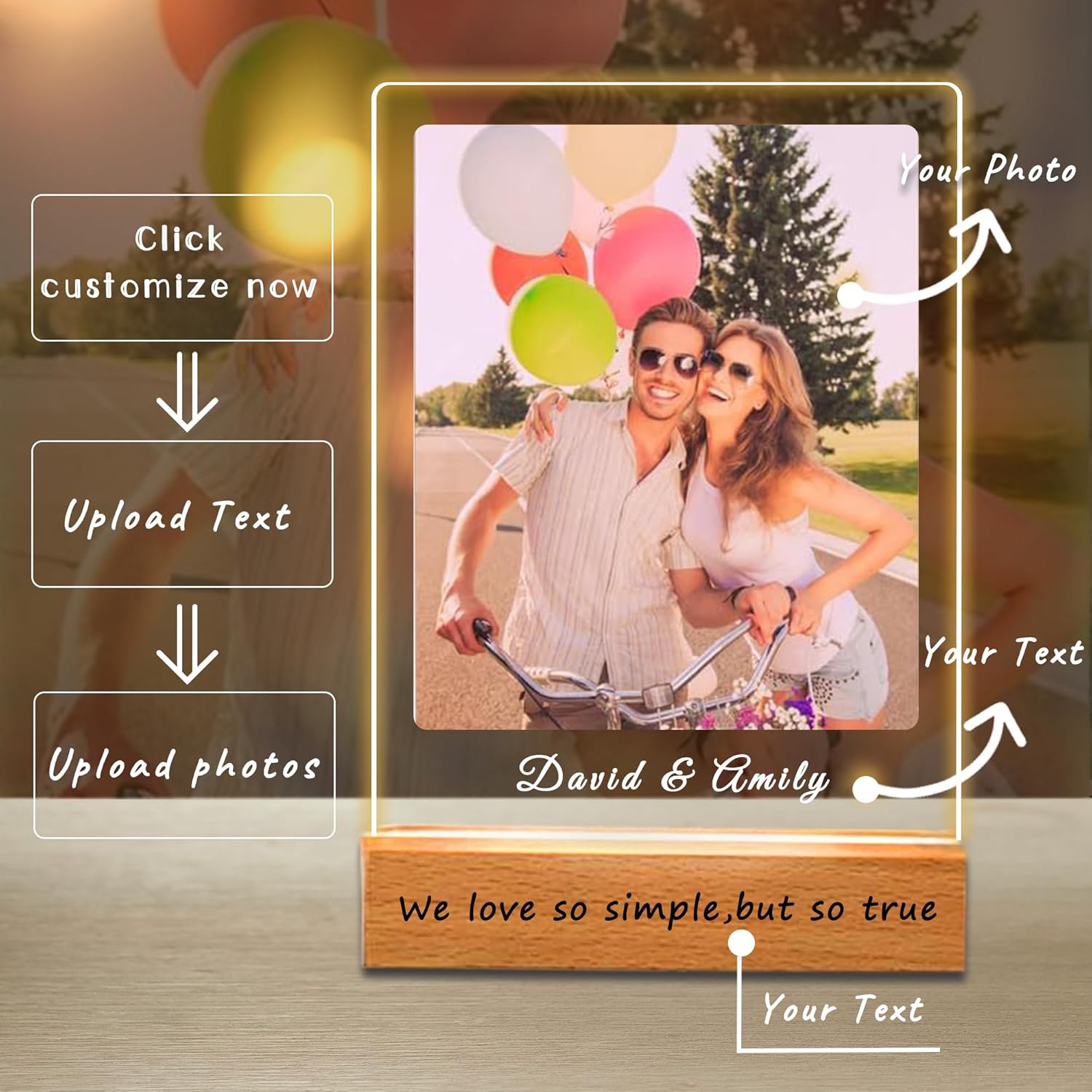 Personalized Acrylic Plaque with Photo, Custom Plaque With Unique Custom LED Wood Picture Frame for Boyfriend or Girlfriend, Personalised Mothers Day Gifts for Mum (5 Size - 15-40cm) - Image 2