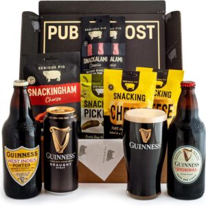 Serious Pig + Guinness Gift Set with Official Guinness Glass and Gourmet Pub Snacks (10 Pack)