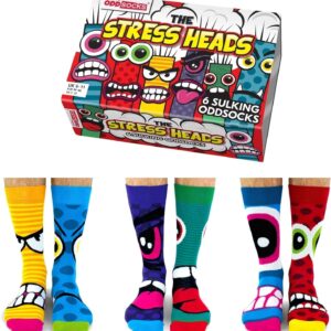 United Oddsocks The Stress Heads Gift Box – 6 Sulking Odd Socks for Men – UK 6–11, EUR 39–46, US 7–12 – Funny Monster-Themed Mix & Match Socks – Colourful Gift for Birthdays, Father’s Day & Christmas