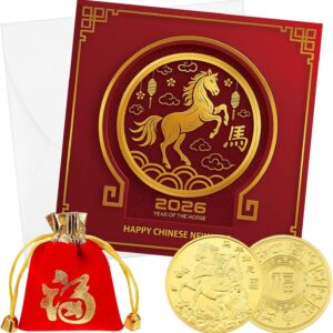 Otuuz Lunar New Year Gift Set Include Lunar New Year Card 2026 with Envelope Chinese Coin with Red Drawstring Bag Coin Gift for Chinese Family