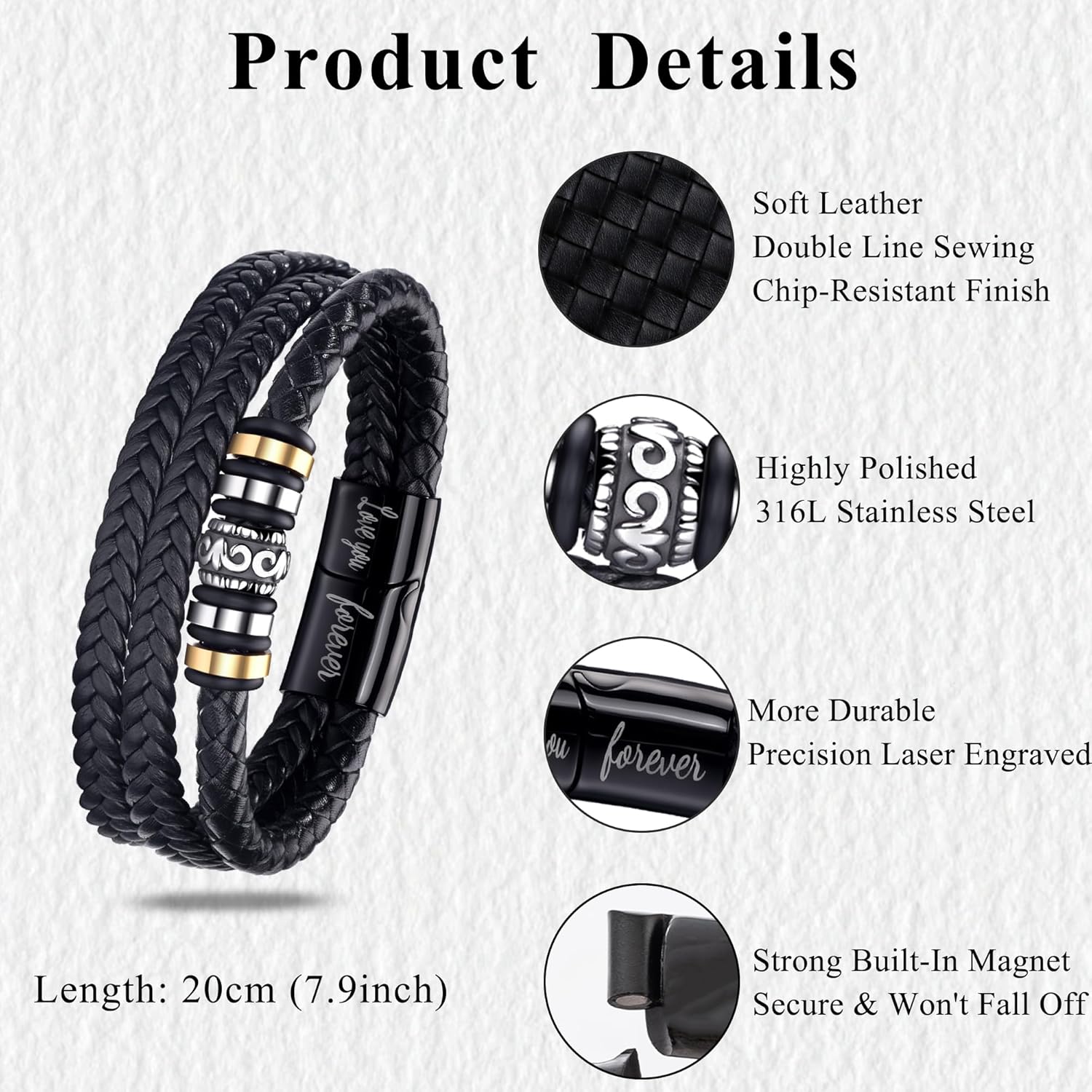 BMMYE Gift for Son Husband Dad Brother Leather Bracelets Personalised Men's Bracelets Gifts With Clasp Cool Bracelet Gift for Men Valentines Day Father's Day Christmas Presents - Image 6