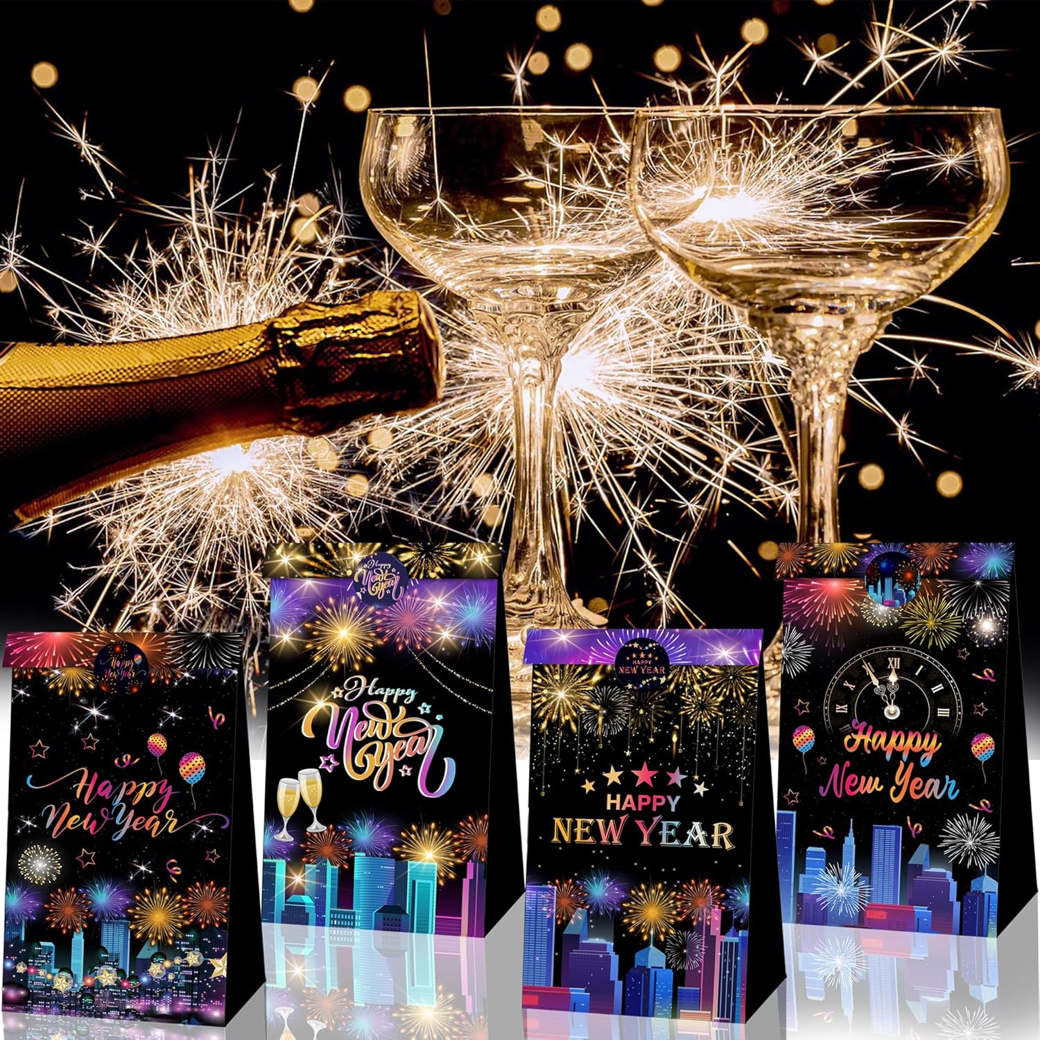 DPKOW New Years Eve Party Supplies 2026, 12pcs Colorful New Year Party Gift Bags Happy New Year Decorations 2026 New Years Eve Party Favor Bags Treats New Year Present Bags with Label Stickers - Image 3