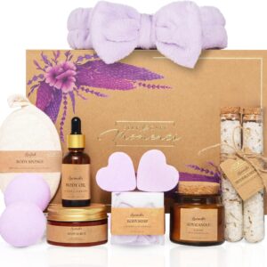 Birthday Gifts for Her with Lavender – 12 Piece Luxury Spa Gift Set for Women – Relaxation Pamper Hamper Bath Set Kit – Christmas Pamper Gifts for Women