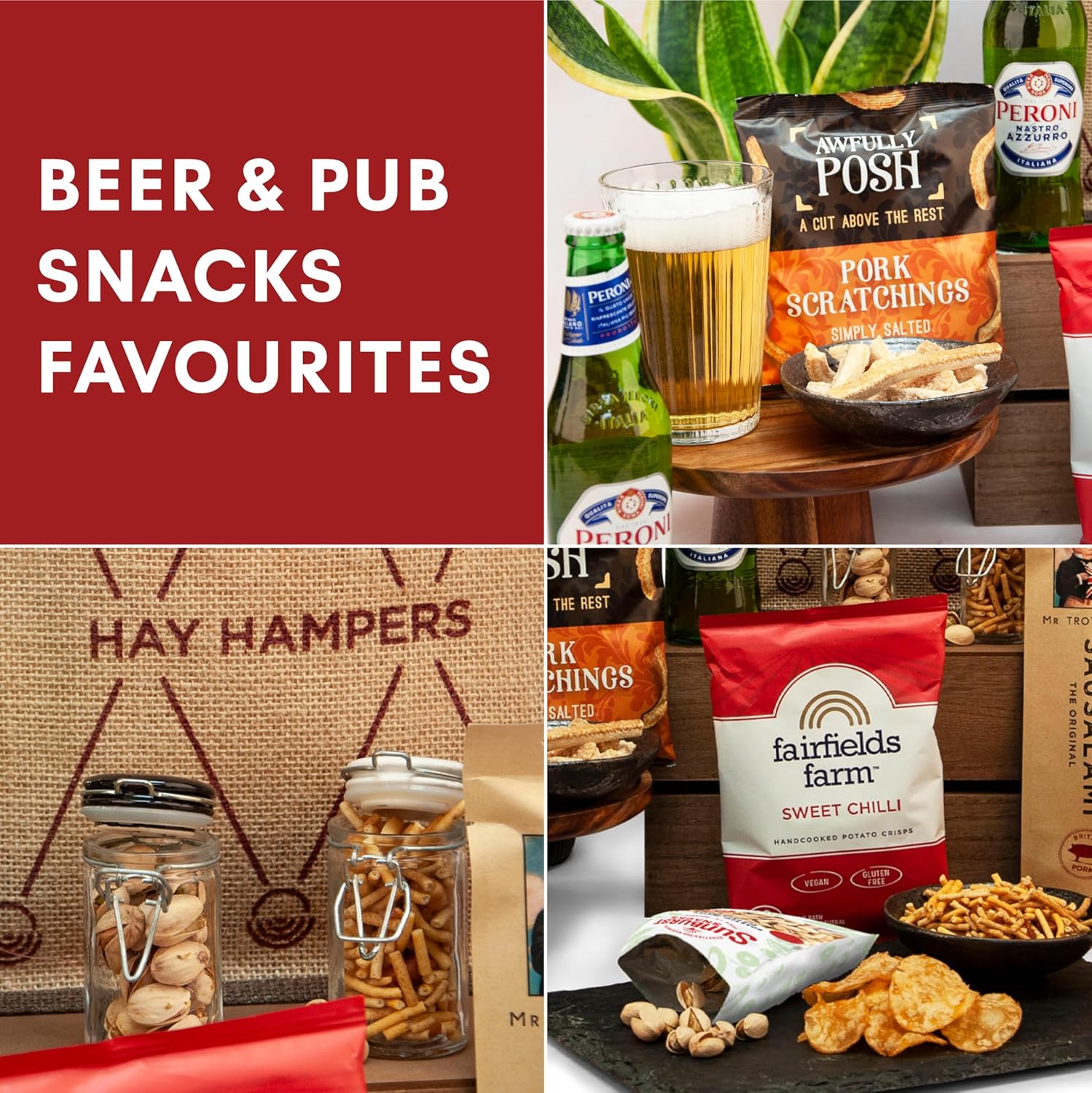 Beer and Pub Snacks Gift Hamper - Jute Bag with Peroni Lager, Pork Scratchings, Crisps & More Pub Snacks – Birthday Gift, Food Hamper, Beer Hamper Gift for Men - Hay Hampers - Image 5