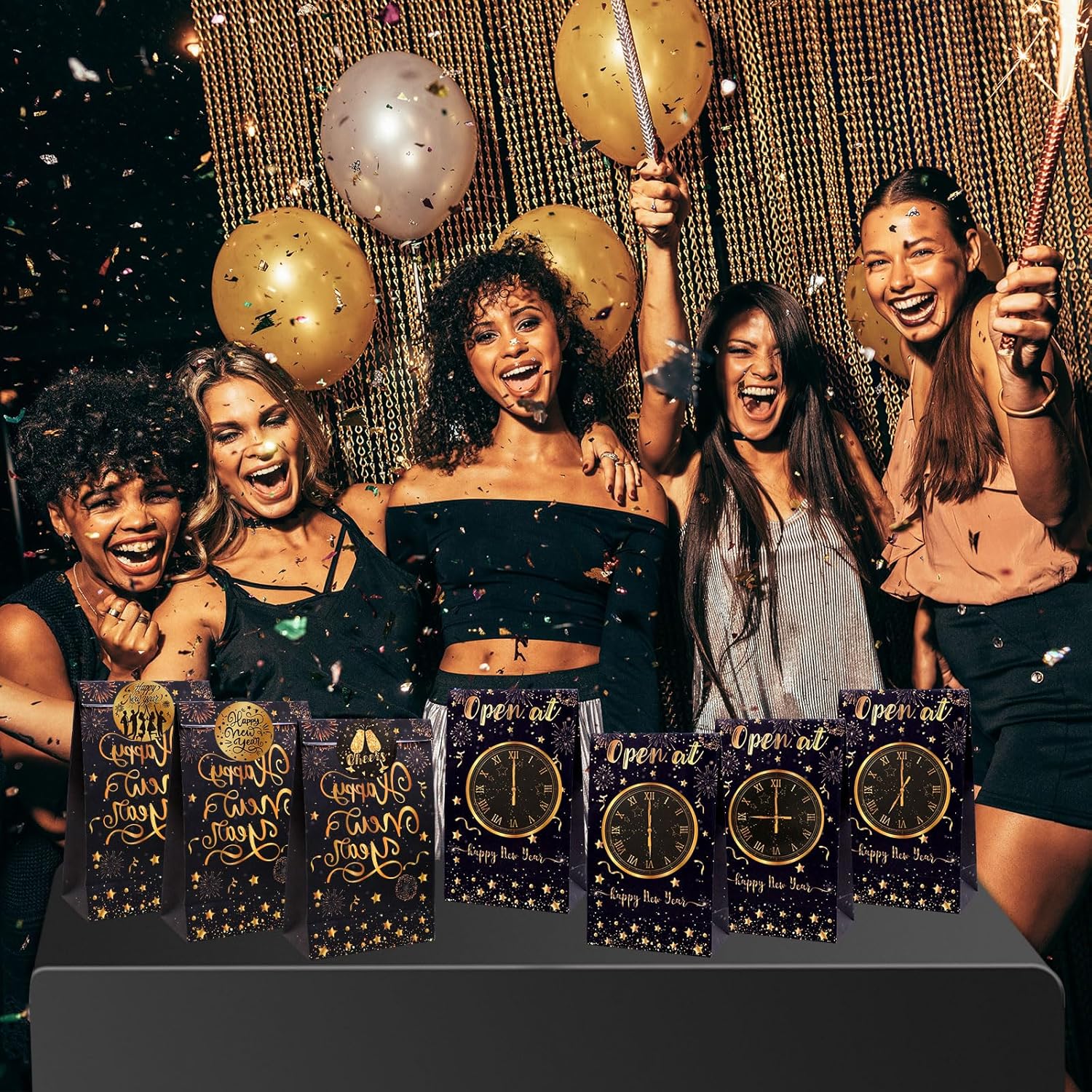 DPKOW Happy New Year Gift Bags for New Year's Eve Party Supplies 2026, 12pcs NYE Party Favor Treats Bags for New Years Eve Decorations 2026 Paper Clock Countdown Bags with Label Stickers - Image 5