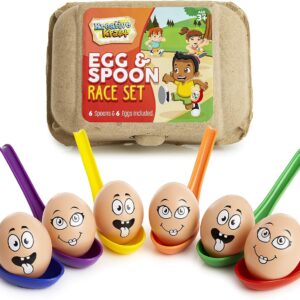KreativeKraft Egg and Spoon Race Kit, Garden Outdoor Toys Family Party Games Set Includes 6 Easter Eggs & 6 Plastic Spoons Kids and Adults