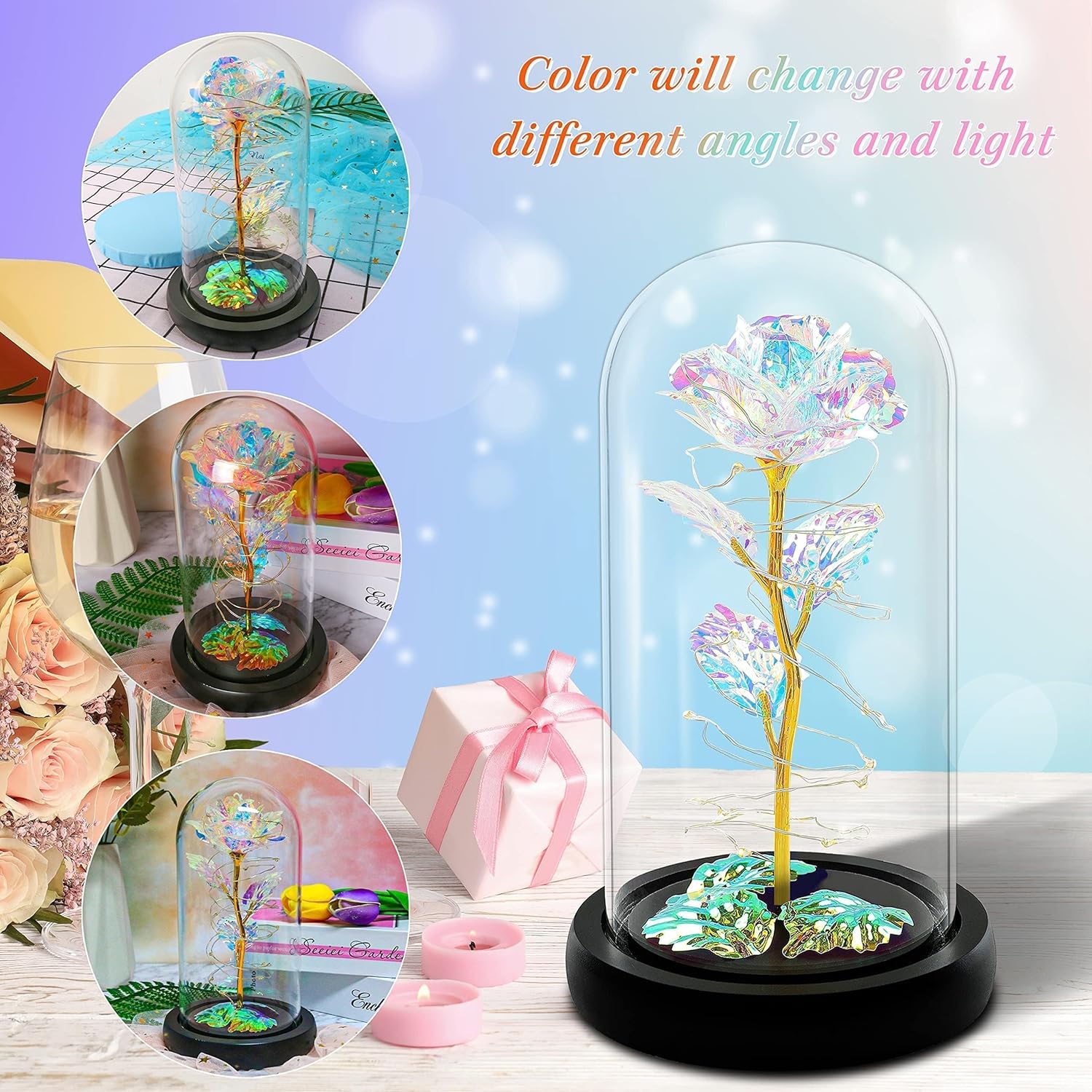Childom Valentines Gifts for Her,Birthday Gifts for Women,Mothers Day Rose Gifts For Mum,Colorful Rainbow Flowers Light Up Rose In Glass Dome,Women Gifts for Anniversary,Teacher,Wedding,Engagement - Image 4