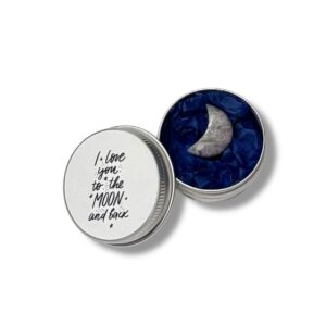‘I love you to the moon and back’ gift | Cute minitature half moon presented in small tin gift for valentines, anniversary, birthday | gift for her, for him | random colour sent