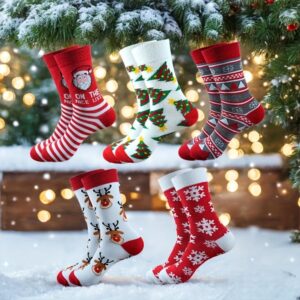 5 Pairs Cozy Thick Socks – Festive Christmas Reindeer & Snowflake Design | Sweat-Absorbing, Anti-Friction, Unisex Fit
