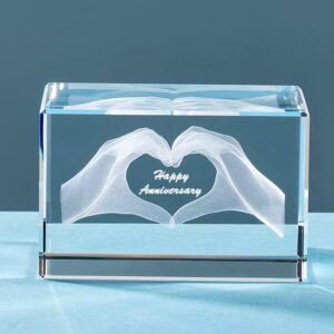 ERWEI Engraved with Happy Anniversary in Cube Crystal Glass Figurines Gifts for Her Him, Valentines Gift for Man Girl Partner Wife Husband Couple