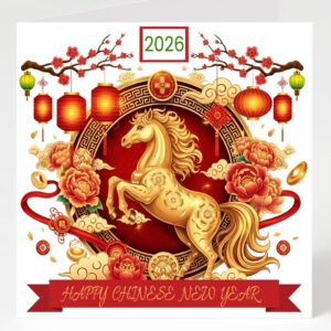 Sarah Elizabeth Collection – Chinese New Year Card With Matching Gift Tag – Year of The Horse – Luna New Year – Celebrations