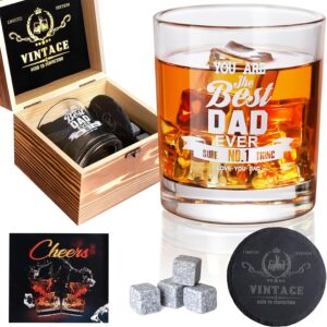 Fathers Day Gift, Dad Birthday Gifts from Daughter Son, Birthday Decorations Party Supplies, Gift Ideas for Dad – Whiskey Glass Set with Wood Box & Whiskey Stones & Coaster