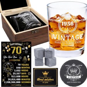 70th Birthday Gifts for Men – Vintage 1956 Whiskey Glass Tumbler Wood Box Whiskey Stones Back in 1956 History Card Coaster Birthday Gift Set for Men Him Husband Dad 70 Year Old Party