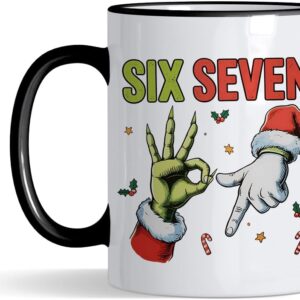 67 Meme, Six Seven Hand Sign Meme, Funny Christmas Humour Gift, 11oz Coloured Rim Ceramic Coffee Cup. (Black Rim)