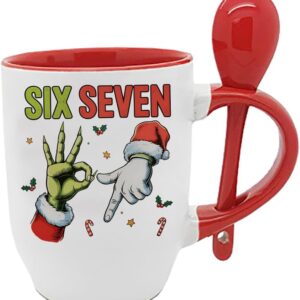 67 Meme, Six Seven Hand Sign Meme, Funny Christmas Humour Gift, Spoon Tea-Coffee Mug. (Red)