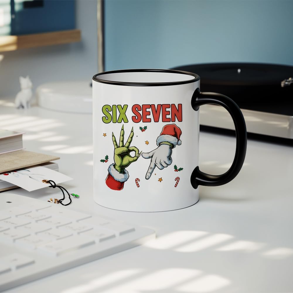 67 Meme, Six Seven Hand Sign Meme, Funny Christmas Humour Gift, 11oz Coloured Rim Ceramic Coffee Cup. (Black Rim) - Image 2