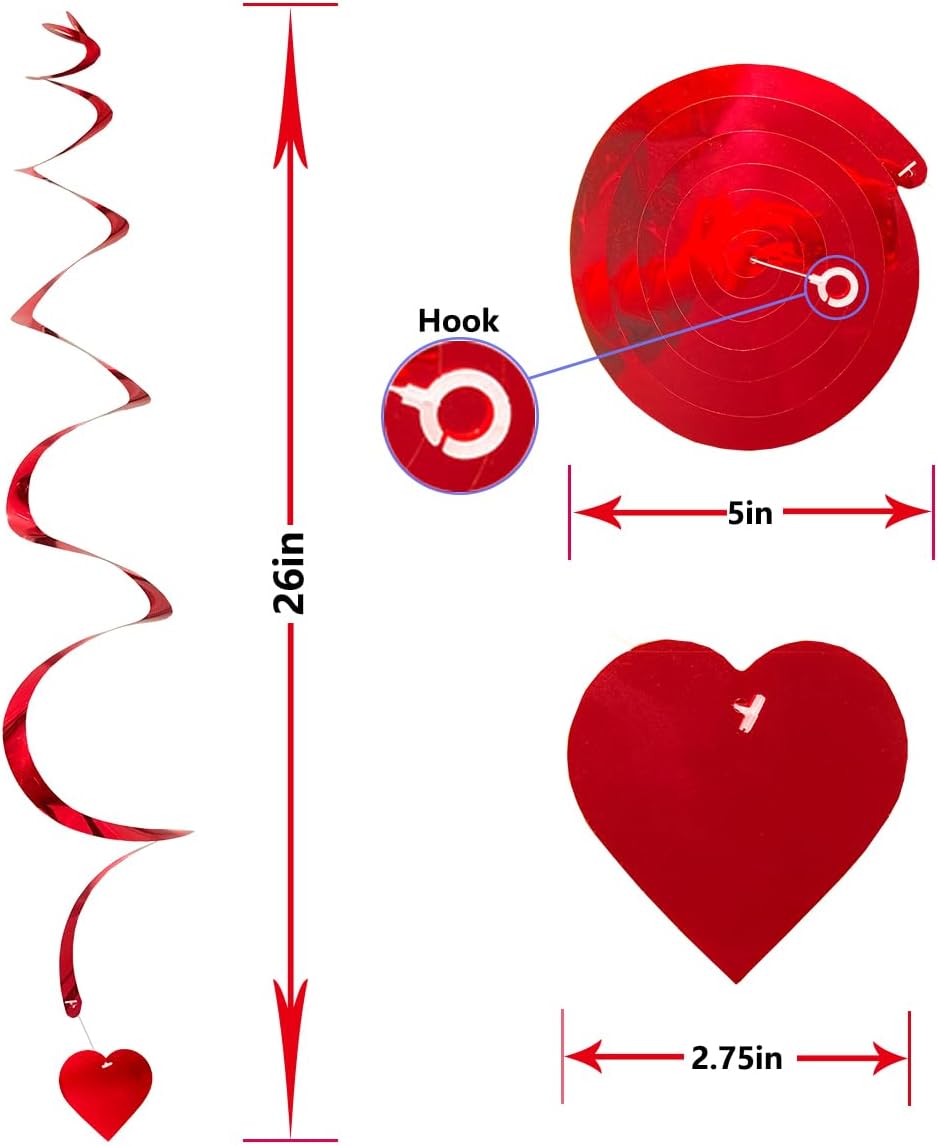 12PCS Heart Hanging Swirls Decorations for Valentine's Day Birthday Anniversary Wedding Single Party Bridal Shower Anniversary red Swirl Ornaments - Image 3