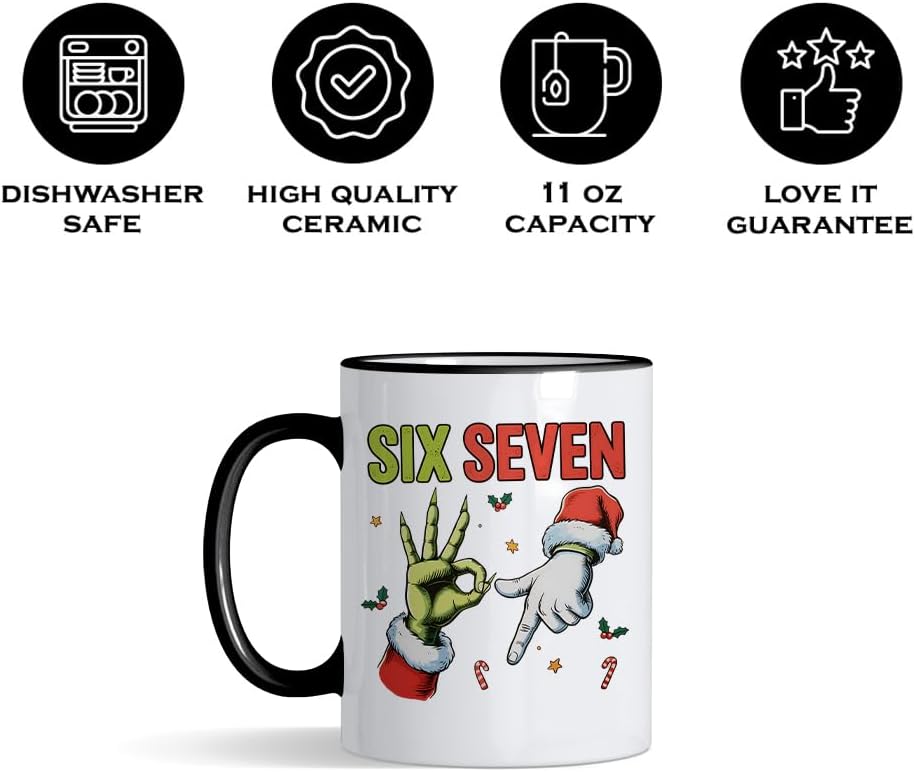 67 Meme, Six Seven Hand Sign Meme, Funny Christmas Humour Gift, 11oz Coloured Rim Ceramic Coffee Cup. (Black Rim) - Image 5