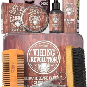Viking Revolution – Beard Grooming Kit for Men – Ultimate Beard Kit with 100% Boar Beard Brush, Beard Comb, Beard Balm, Beard Oil & More – Gifts for Men – Valentines Gifts for Him – Sandalwood