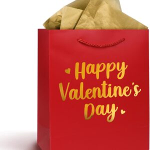 1 Pack Happy Valentine’s Day Gift Bag with Tissue Paper Valentines Day Gift Tote Bags for Valentine’s Day Present Bag Shopping Gift Wrap Party Favors