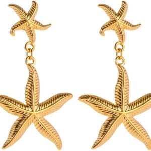 18k Gold Plated Stainless Steel Starfish Statement Gold Silver Earrings,Waterproof, Hypoallergenic, Trending Star Fish Tarnish Free Jewellery for Women, Great affordable Gift for Her.