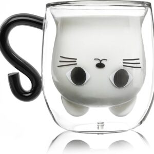 Cat Mugs, Cute Double Wall Glass Coffee Tea Cup, Gifts for Birthday Valentines Mothers Day Easter Christmas, Women Wife Mum Her Grandma Girl Teacher Friend Present Idea