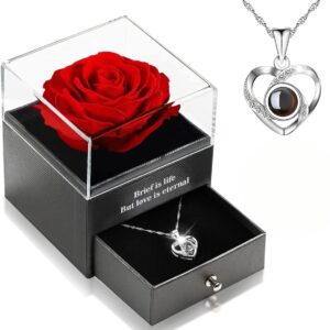 Valentines Gifts for Her Girlfriend,Eternal Rose Flower with Necklace,Anniversary Romantic Gifts for Women Valentines Day Presents for Her Wife on Valentines Christmas Birthday
