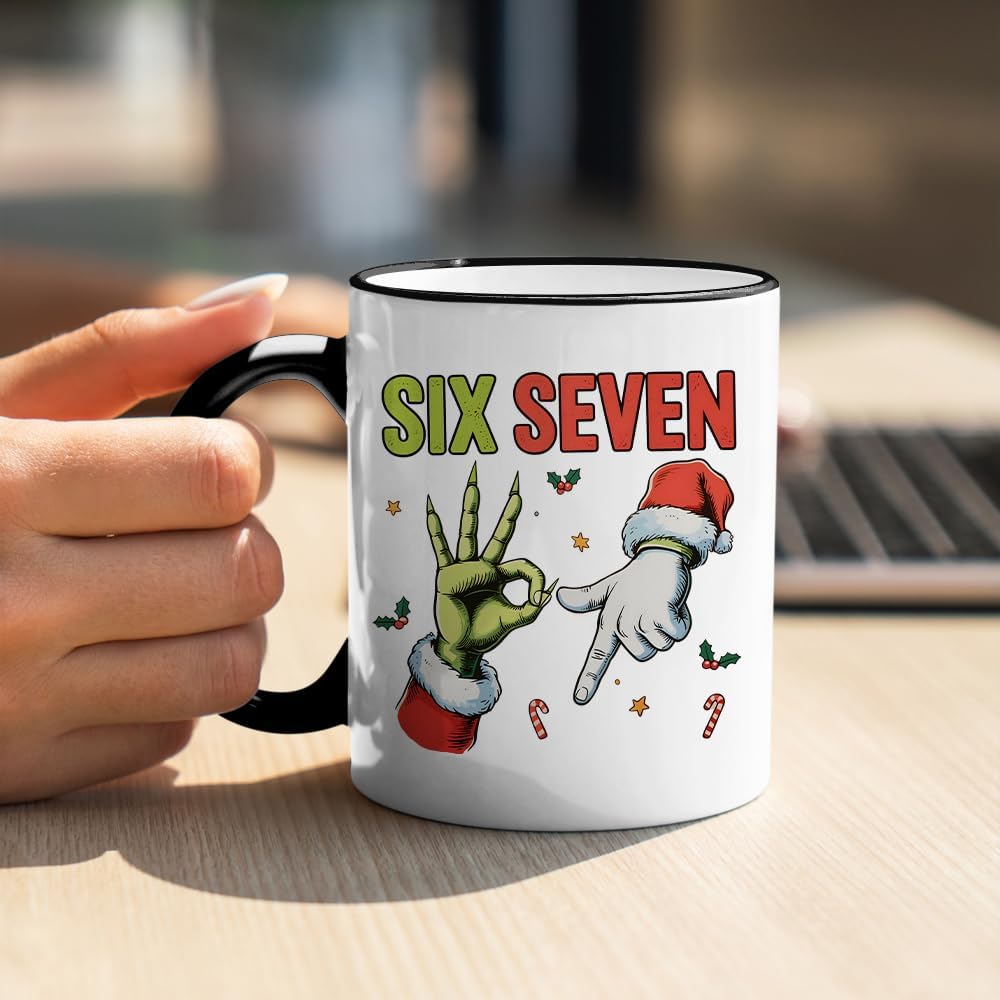 67 Meme, Six Seven Hand Sign Meme, Funny Christmas Humour Gift, 11oz Coloured Rim Ceramic Coffee Cup. (Black Rim) - Image 3