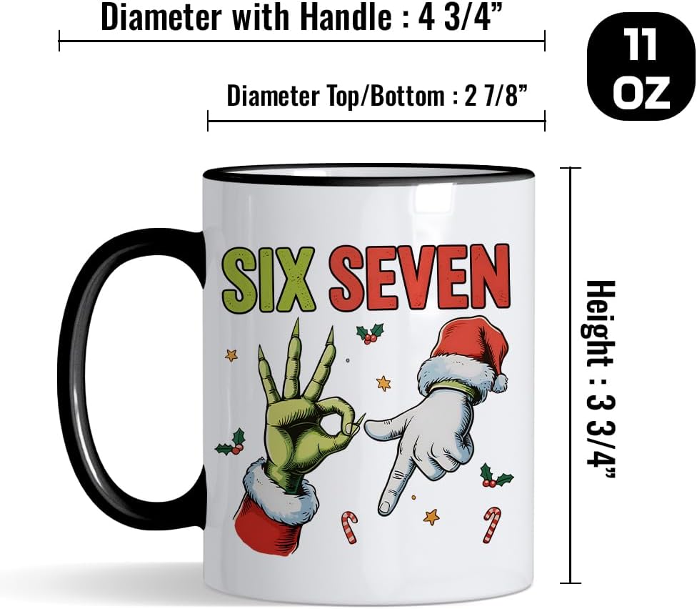 67 Meme, Six Seven Hand Sign Meme, Funny Christmas Humour Gift, 11oz Coloured Rim Ceramic Coffee Cup. (Black Rim) - Image 4