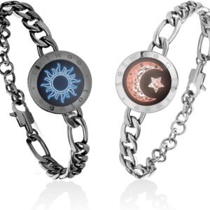 TOTWOO Touch Bracelet for Couple Vibration & Light Up Bracelets Pairing Smart Jewelry Long Distance Gifts Bluetooth App Control Figaro Black & Silver