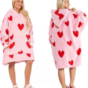 Dreamscene Hearts Hoodie Blanket, Valentine Day Gifts for Her Sherpa Lined Fleece Womens Plush Oversized Giant Pull Over Soft Jumper Wearable Throw