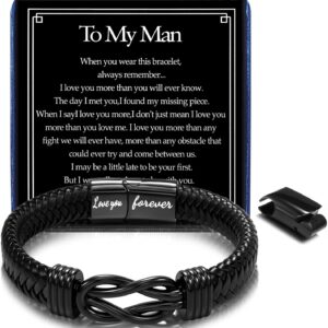 Gift To Men Husband Boyfriend Leather Bracelet for Men Boys Adjustable Black Leather Bracelets With Stainless Steel Magnetic Clasp Birthday Christmas Anniversary Valentines Gift