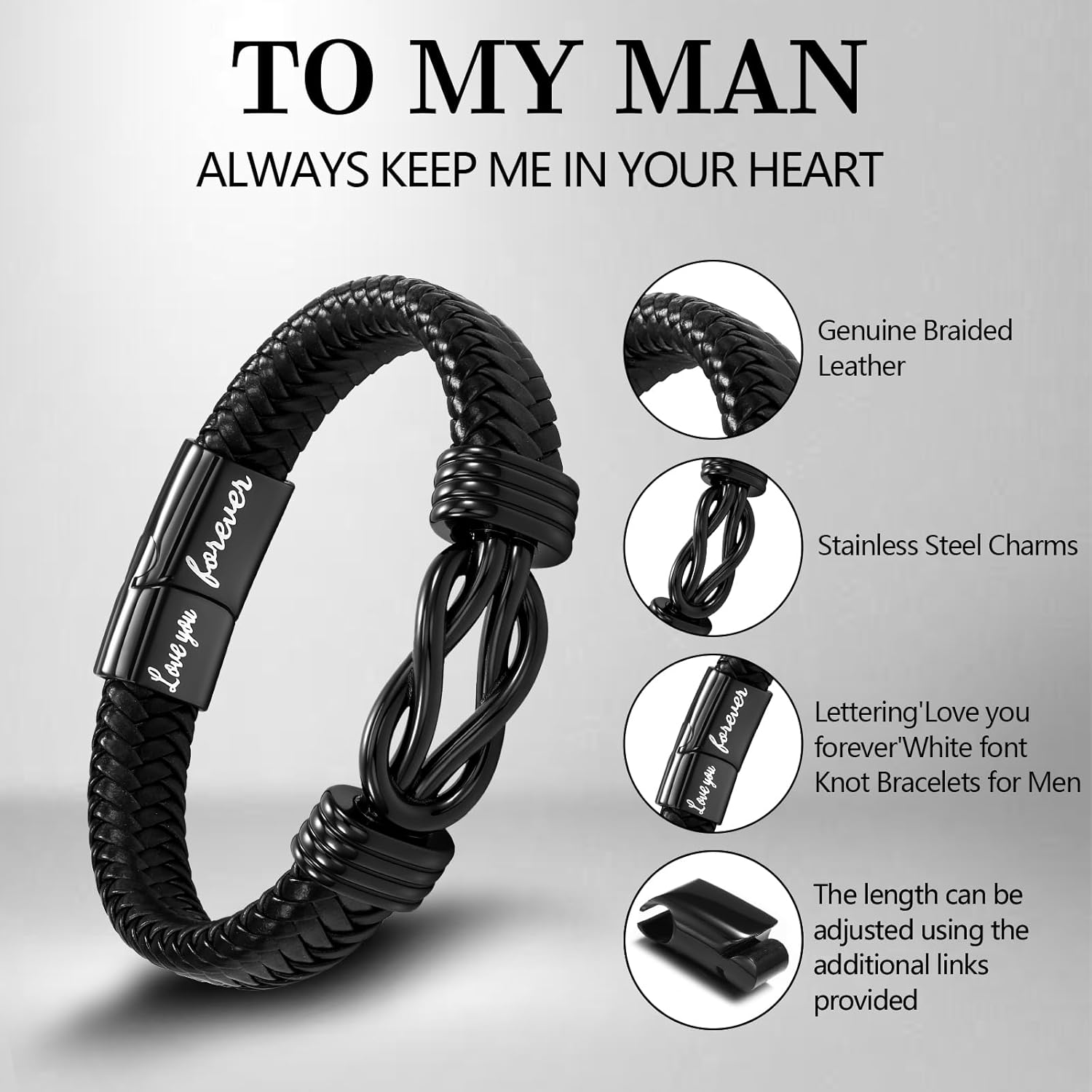 Gift To Men Husband Boyfriend Leather Bracelet for Men Boys Adjustable Black Leather Bracelets With Stainless Steel Magnetic Clasp Birthday Christmas Anniversary Valentines Gift - Image 3