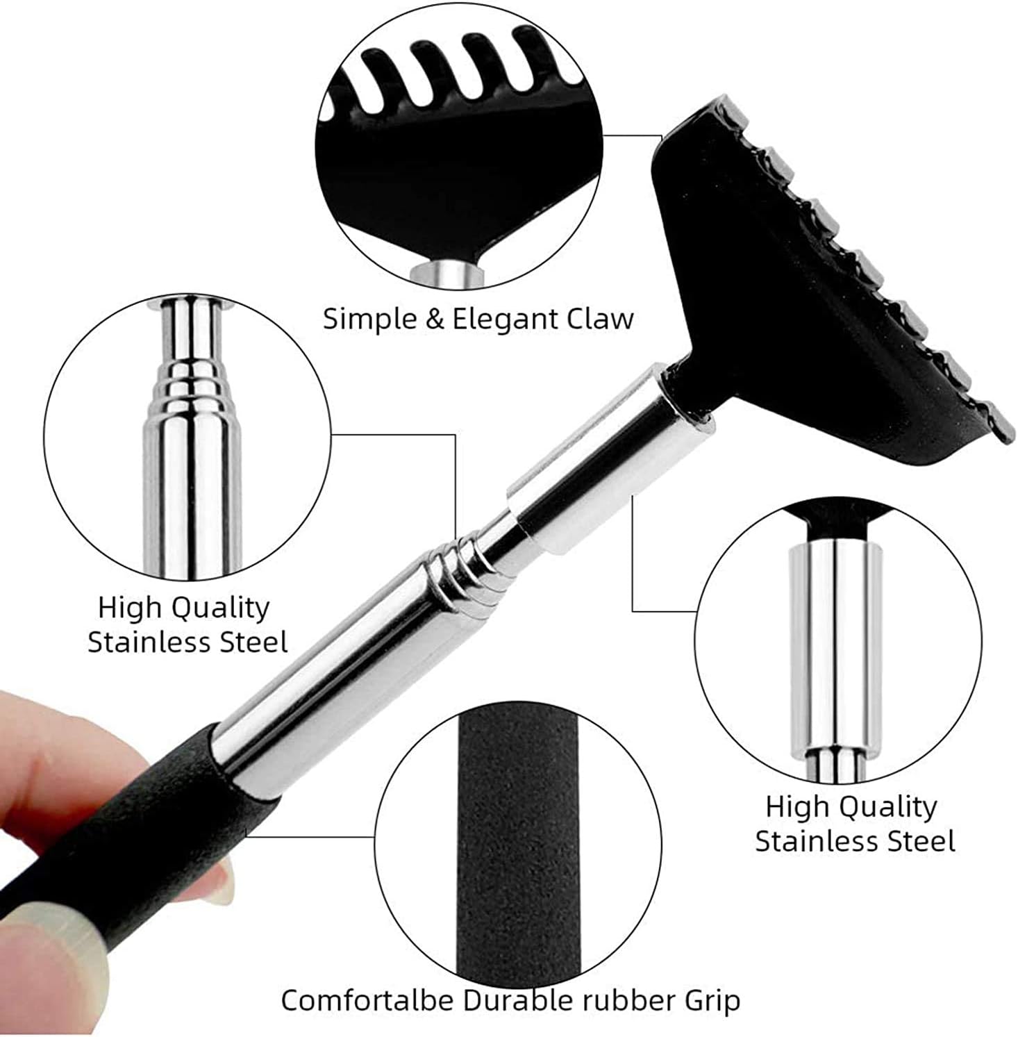 Back Scratcher, WOVTE Black Portable Extendable Stainless Steel Telescoping Back Massager for Adults Men Women Itch Relief (7.87 to 26.77 Inch) - Image 6
