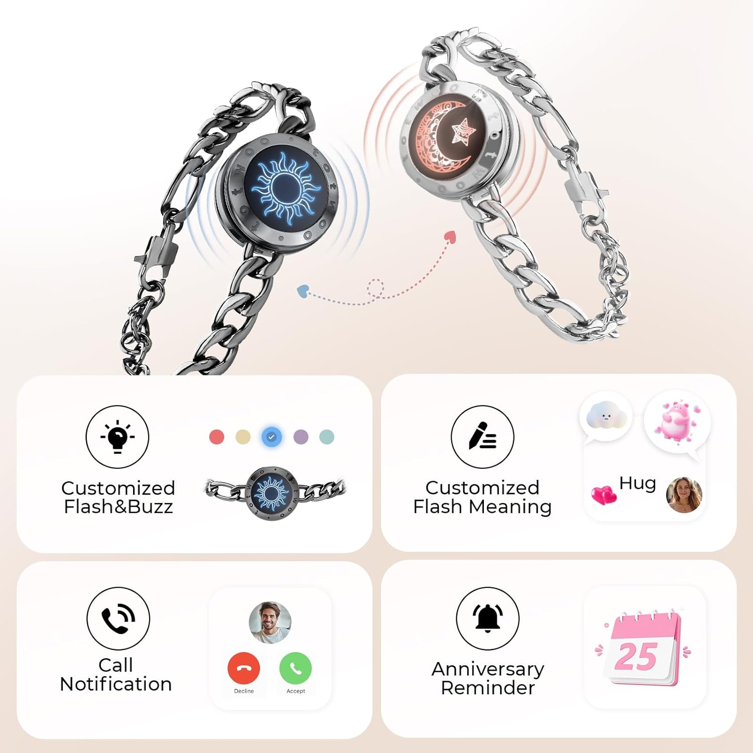 TOTWOO Touch Bracelet for Couple Vibration & Light Up Bracelets Pairing Smart Jewelry Long Distance Gifts Bluetooth App Control Figaro Black & Silver - Image 3