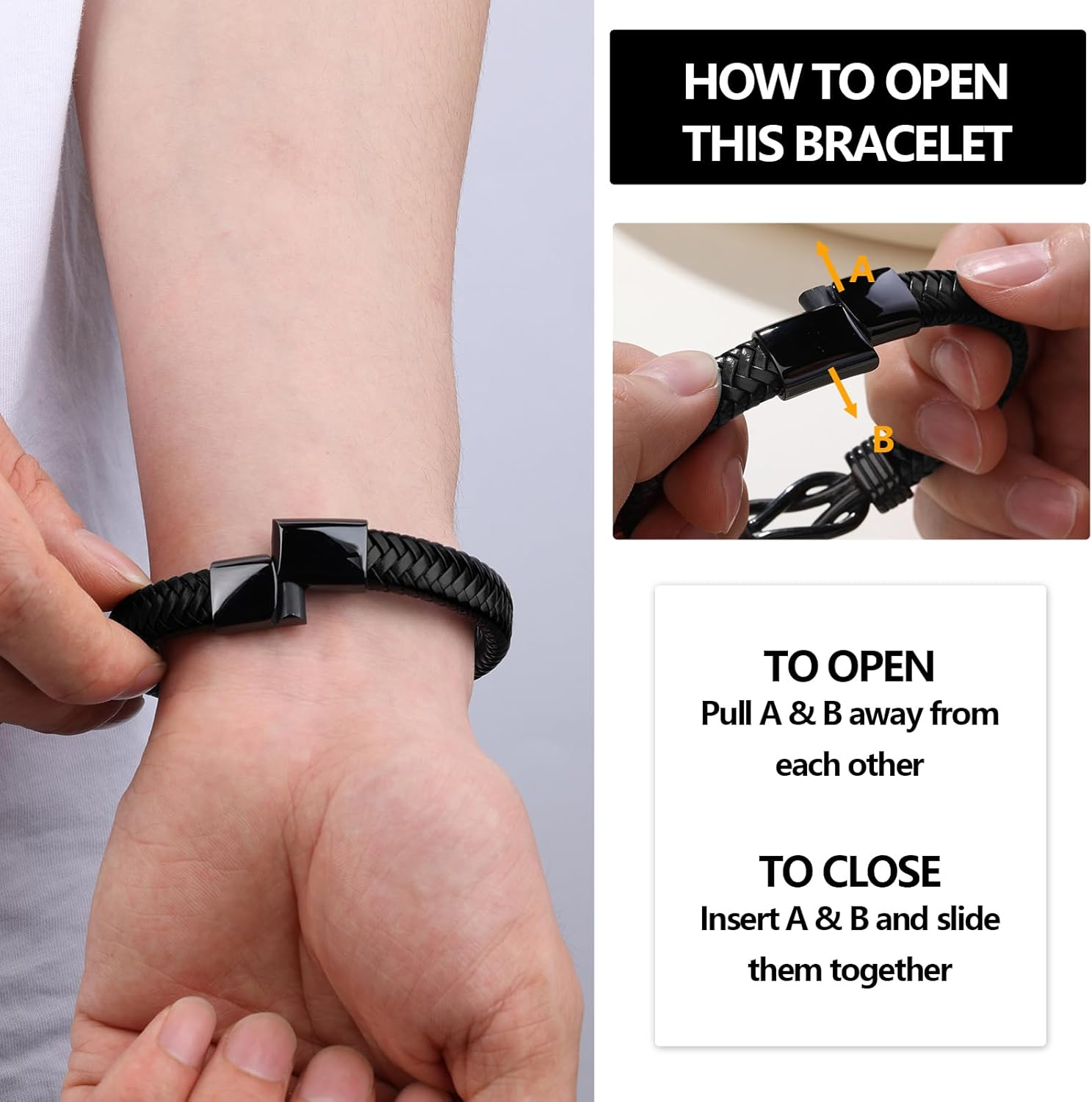 Gift To Men Husband Boyfriend Leather Bracelet for Men Boys Adjustable Black Leather Bracelets With Stainless Steel Magnetic Clasp Birthday Christmas Anniversary Valentines Gift - Image 4