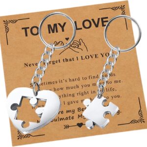 2Pcs Couples Keyrings, Jigsaw Puzzle Matching Keychains with Display Card, Romantic Gifts for Him or Her, Valentines Day Birthday Gifts for Boyfriend, Husband, Wife or Girlfriend