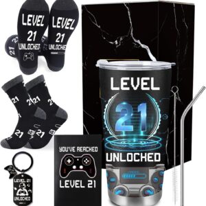 21st Birthday Gifts for Men, 21 Year Old Ideas Presents for Him Mens, Boys Male Unique Gift with Gamer Tumbler, Personalised Card, Funny Socks, Keychain for Son Grandson Brother