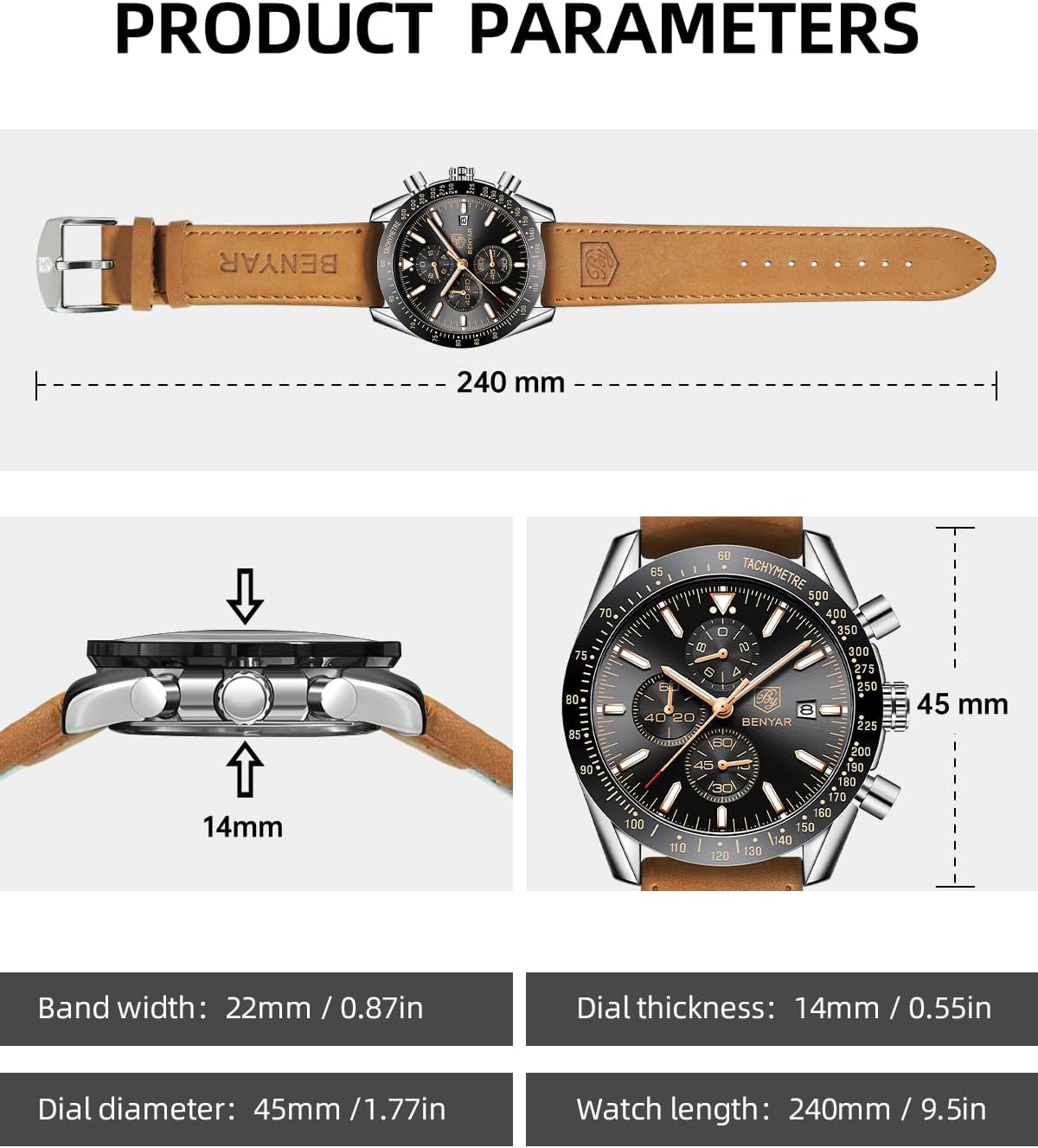 BY BENYAR Watch for Men Analog Quartz Chronograph Waterproof Luminous Designer Big Face Mens Wrist Watches Business Work Sport Casual Dress Watch Elegant Gifts for Men - Image 6
