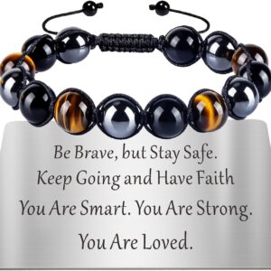 Mens Bracelets Gifts Tiger Eye Crystal Bracelet for Men Boys Personalised Triple Protection Beaded Bracelets for Men, Valentines Birthday Gifts for Him Man Dad Son Husband Boyfriend Brother